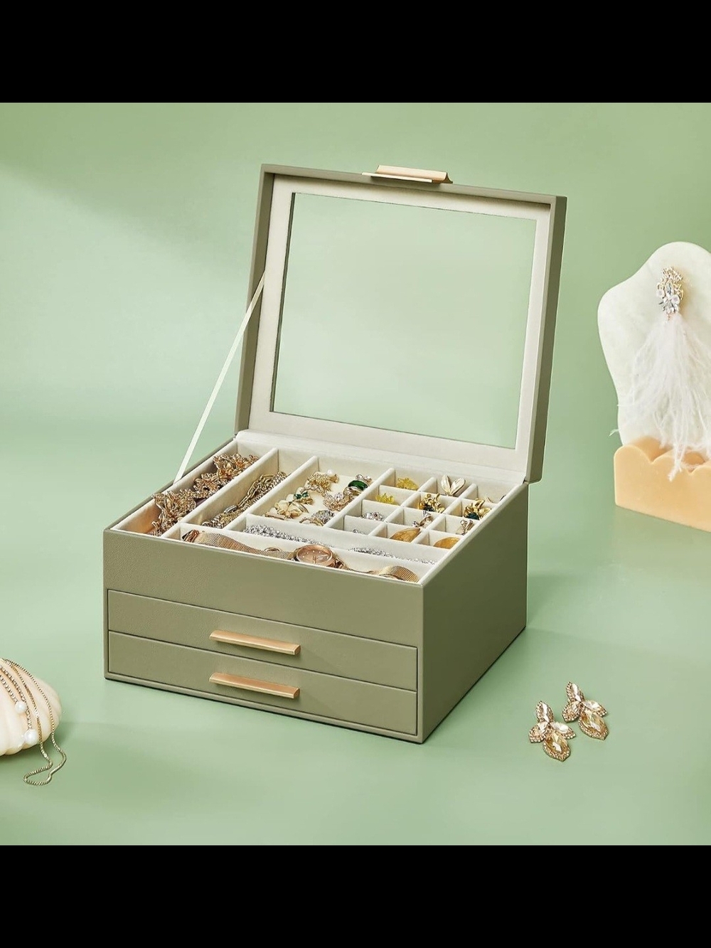 Modern Olive Green Jewelry Organizer with Drawers and Mirror